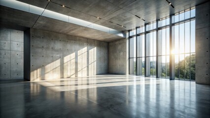 Poster - Sunlit Modern Concrete Room with Expansive Windows Offering a Tranquil View