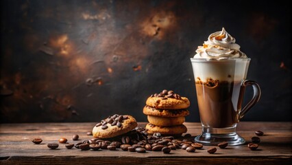 Canvas Print - Aromatic Coffee Drink with Whipped Cream and Coffee Bean Cookies on Rustic Wooden Table