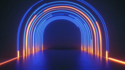 Wall Mural - Futuristic neon archway with blue and orange glowing lights, sci-fi cyberpunk gateway for virtual reality, gaming, and tech art