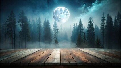 Poster - Enchanted Forest Night Scene with Misty Pines and Full Moon Illumination Over Wooden Deck