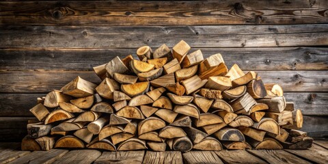 Poster - a rustic pile of neatly stacked firewood against a weathered wooden wall, perfect for a cozy autumn 