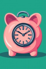 Poster - Pink Piggy Bank with a Clock Face in Artistic Illustration