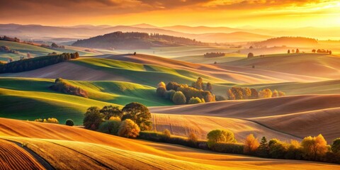 Poster - Golden Hour Serenity Rolling Hills Bathed in Warm Autumnal Light, a Picturesque Landscape of Undulating Fields and Tranquil Woods