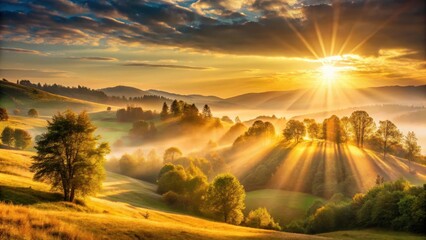 Wall Mural - Sun rays shining through golden light on a serene landscape with soft hills and trees in the background, capturing the warmth of nature, tree-lined background , peaceful landscape