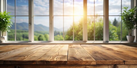 Poster - Serene View Rustic Wooden Tabletop Against a Sunlit Window Showing a Verdant Landscape