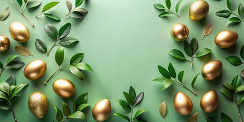 Poster - Golden Eggs and Lush Greenery Arranged on a Soft Green Background A Springtime Composition
