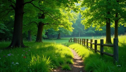 a meandering wooden fence follows the contours of a grassy meadow trail beneath a leafy canopy, mead