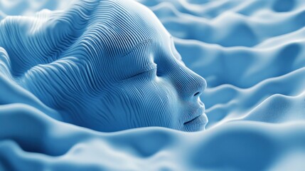 Wall Mural - A serene, stylized blue face emerges from flowing waves, evoking tranquility and introspection.