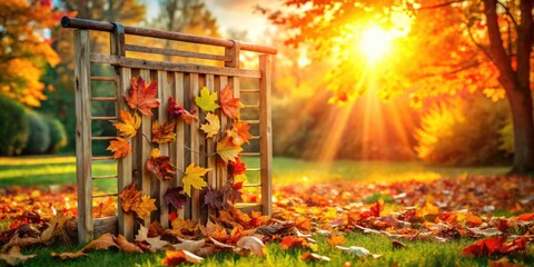 Poster - Autumnal Garden Scene Wooden Frame Adorned with Colorful Fall Leaves, Bathed in Golden Sunlight