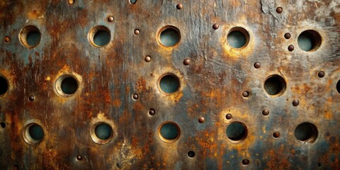 Aufkleber - Rustic metallic surface with drilled holes and aged patina, showing texture and wear