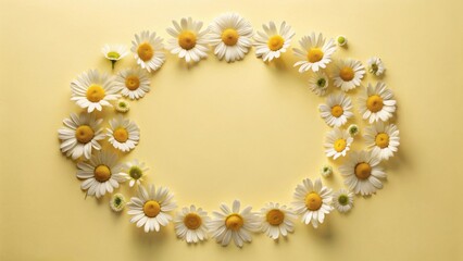Poster - A pastel yellow backdrop features a circular arrangement of delicate daisies, creating a charming and elegant floral frame for your text or design.