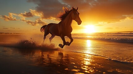 Wall Mural - Horse running beach sunset ocean waves freedom