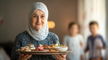 smiling woman presents beautifully arranged platter for Iftar, s