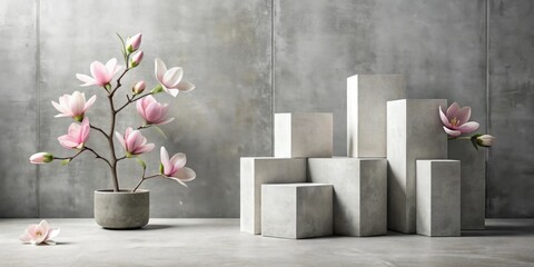 Poster - Serene Minimalist Still Life with Delicate Pink Blossoms and Abstract Geometric Forms