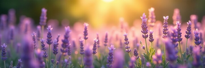 Wall Mural - Soft focus lavender meadow with sunlight filtering through, nature, sunlight