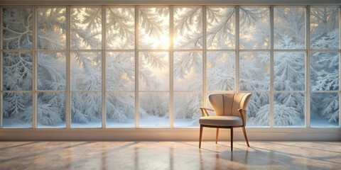 Aufkleber - Serene Winter Solstice A Single Chair by a Panoramic Window Overlooking a Snow-Covered Forest bathed in the Soft Glow of Sunrise