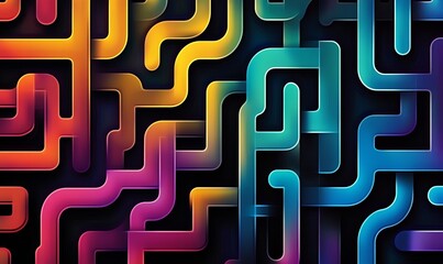 Fototapete - Abstract colorful maze pattern with smooth curves and gradients on black background
