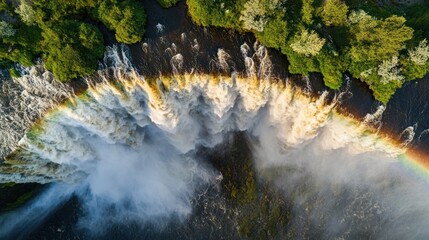 Sticker - Aerial view of waterfall, rainbow, lush forest