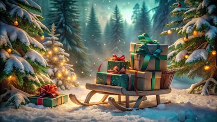 Poster - A whimsical winter scene showcasing a wooden sleigh laden with festively wrapped presents nestled amongst snow-covered evergreen trees adorned with warm, glowing lights.