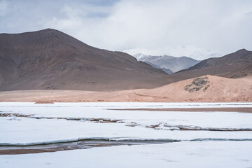 Wall Mural - Snow lies in the valley in the highlands of Tien Shan in Pamir in Tajikistan, panoramic landscape for background in high mountains with rocks, snow and glaciers