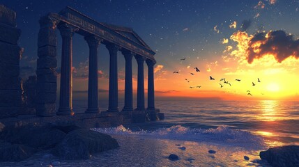 Canvas Print - Sunset over ancient ruins by the sea (1)