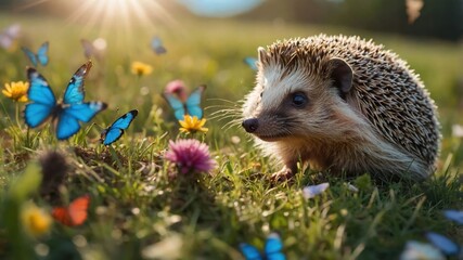 Wall Mural - A hedgehog surrounded by colorful butterflies in a vibrant meadow.