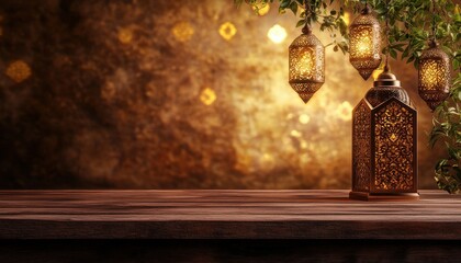 Poster - Ornate Metal Lanterns on Wooden Table with Warm Golden Lighting and Bokeh Background