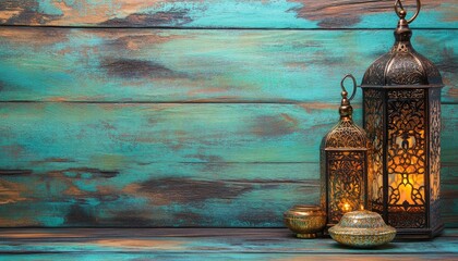 Poster - Ornate Metal Lanterns on Teal Wooden Background