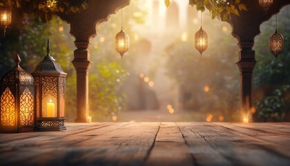 Poster - Ornate Metal Lanterns with Glowing Candles on Wooden Table in a Mystical Garden