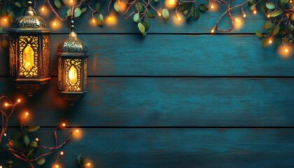 Aufkleber - Ornate Metal Lanterns with Glowing Lights on Dark Blue Wooden Background