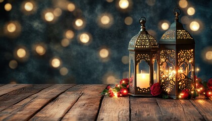 Aufkleber - Ornate Metal Lanterns with Lit Candles on Rustic Wooden Table Against Bokeh Lights Background