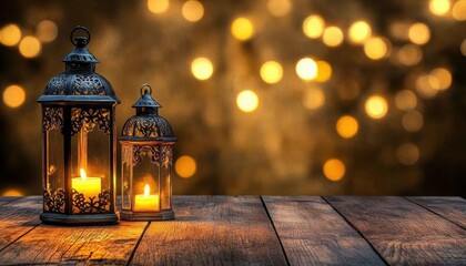 Poster - Ornate Metal Lanterns with Lit Candles on Wooden Table Against Warm Bokeh Lights