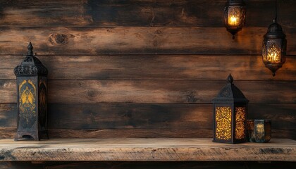 Aufkleber - Ornate Metal Lanterns with Warm Candlelight on Rustic Wooden Background