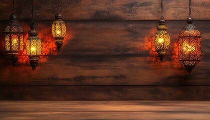 Aufkleber - Ornate Metal Lanterns with Warm Glow on Wooden Background