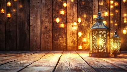Aufkleber - Ornate Metal Lanterns with Warm Lighting on Rustic Wooden Background