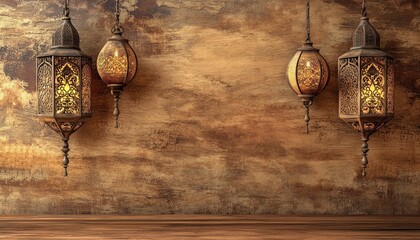 Poster - Ornate Metal Lanterns with Warm Lighting Against a Brown Wooden Background
