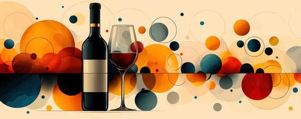 Poster - modern illustration depicting wine bottle and glass with colorful geometric circles