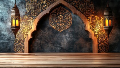 Poster - Ornate Wooden Arch with Glowing Lanterns and Dark Background
