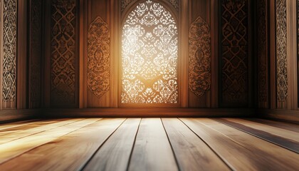 Aufkleber - Ornate Wooden Room Interior with Intricate Wall Patterns and Warm Lighting