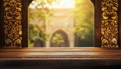 Poster - Ornate Wooden Table with Intricate Carvings and Archway Background