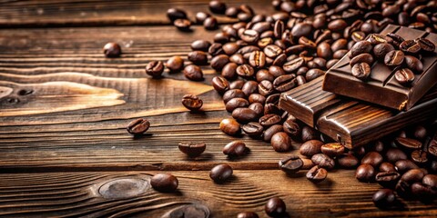 Poster - Dark Chocolate Bars Resting on a Pile of Roasted Coffee Beans on Rustic Wooden Surface