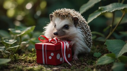 Wall Mural - A hedgehog curiously examines a small gift box in a lush, green environment.