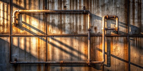 Aufkleber - Rustic Industrial Pipes on Weathered Metal Wall with Golden Hour Light Casts Striking Shadows