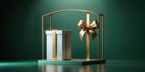 Wall Mural - Elegant white gift box with a golden ribbon and bow displayed on a teal platform within a minimalist gold arch