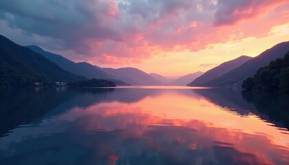 Wall Mural - A serene mountain lake reflects the sky at sunset, hills, calm, water