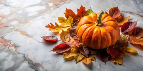 Aufkleber - Autumnal Harvest A Vibrant Pumpkin Nestled Among Colorful Fall Leaves on a Marble Surface