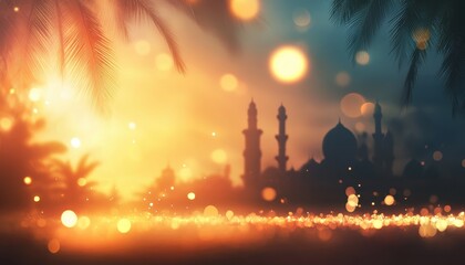 Wall Mural - Silhouetted Mosque at Sunset with Palm Trees and Golden Bokeh