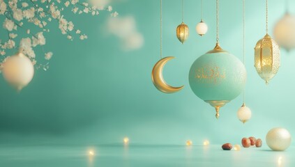 Aufkleber - Teal and Gold Islamic Lanterns Hanging with Blossom Branches