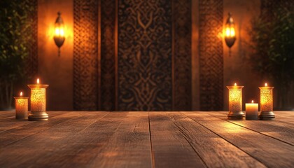 Poster - Warm Candlelight on Wooden Table with Ornate Wall and Lamps