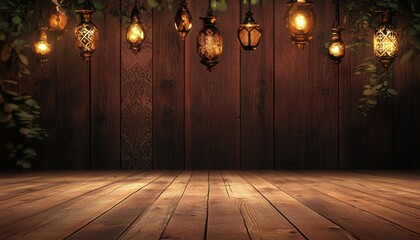 Poster - Warm Glowing Lanterns Hanging Against Dark Brown Wooden Background